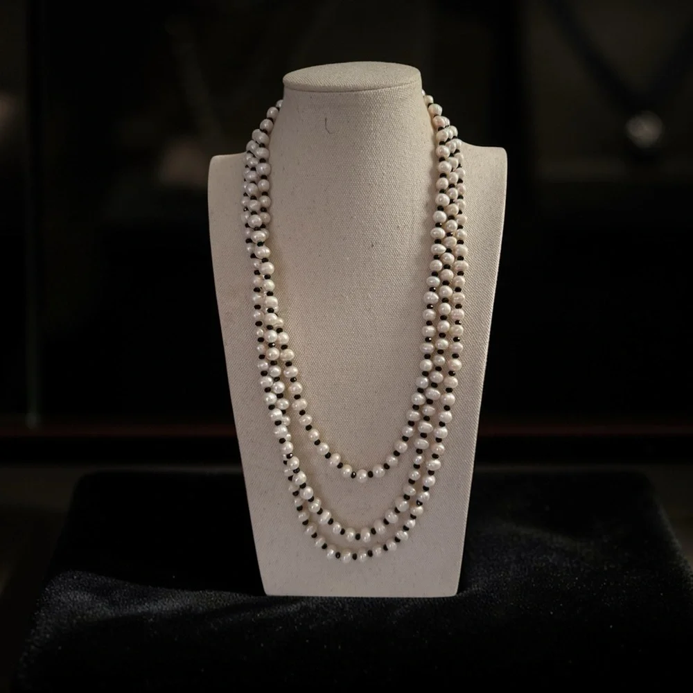 Carolee Classic White Pearl Long Necklace with Black Rhinestones
